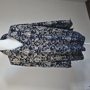 Catherines Button Up Blouse Tunic Cuff Sleeves Navy Tan Paisley 14/16 Office